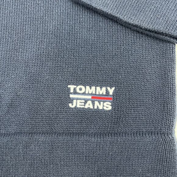 Vtg Y2K Tommy Jeans Cable Knit Stripe Sleeves Navy Blue Men’s XL Oversized Logo - Picture 3 of 15